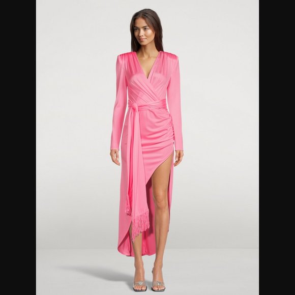 Bronx and Banco Electric Pink Maxi Sash Waist Dress Size Large Long Sleeve Slit - Picture 16 of 16